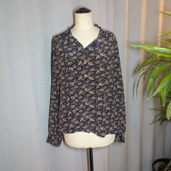 NEW Doen Silk Blouse Top Navy Paisley Floral XL 100% Silk - Picture 9 of 10